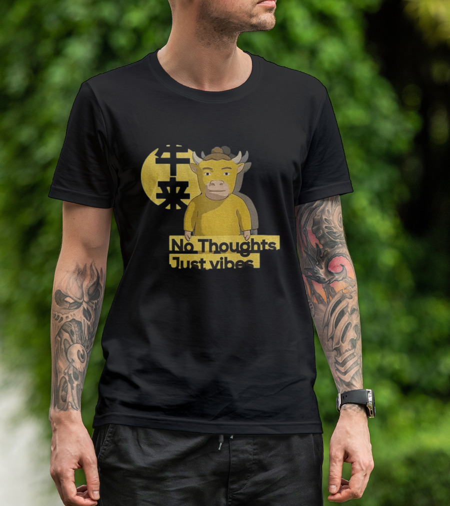 Niu Lai No Thoughts Just Vibes Yellow Cow Humor T-Shirt