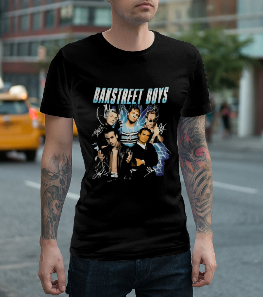 Bakstreet Boys Band Collage Lightning Autographs Bootleg T-Shirt