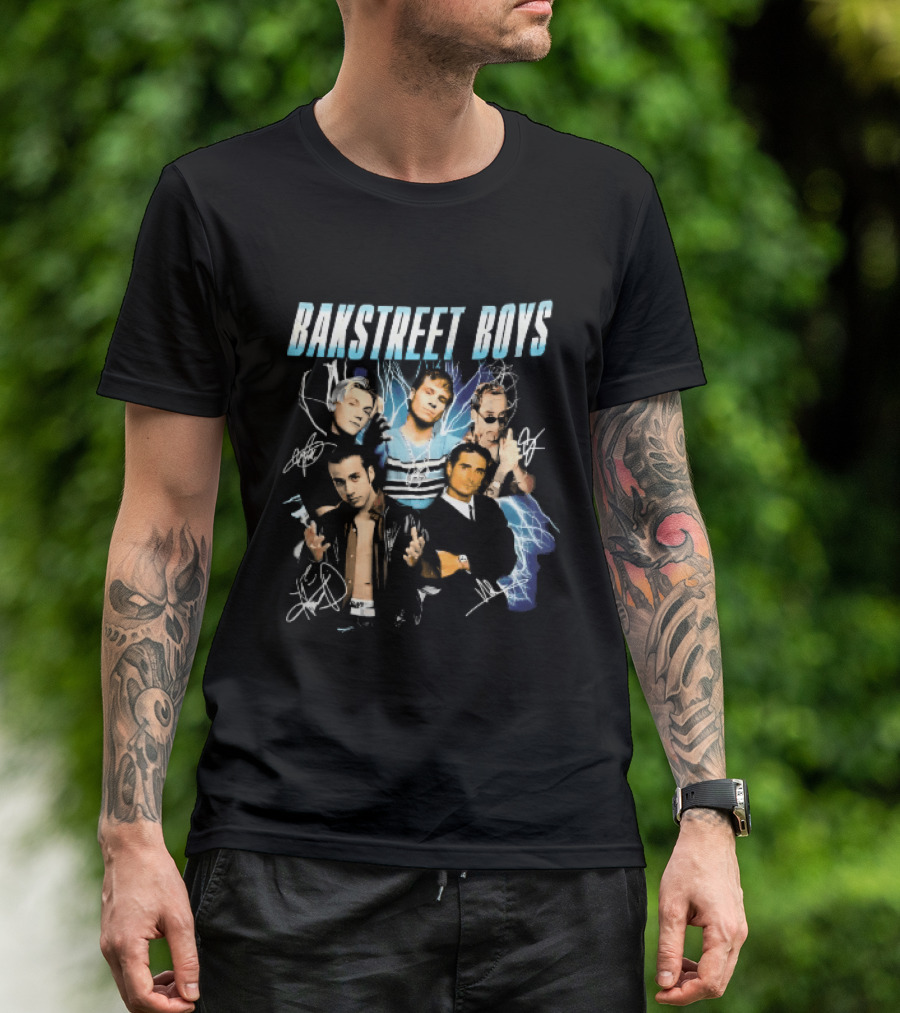 Bakstreet Boys Band Collage Lightning Autographs Bootleg T-Shirt