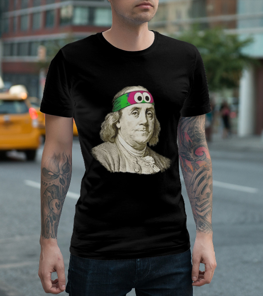 Benjamin Franklin Cartoon With Colorful Ninja Headband And Googly Eyes T-Shirt