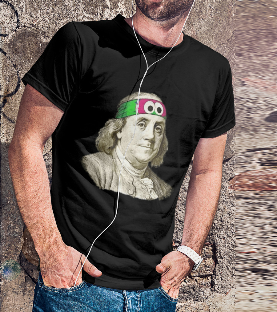 Benjamin Franklin Cartoon With Colorful Ninja Headband And Googly Eyes T-Shirt