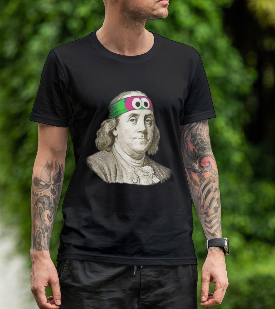 Benjamin Franklin Cartoon With Colorful Ninja Headband And Googly Eyes T-Shirt