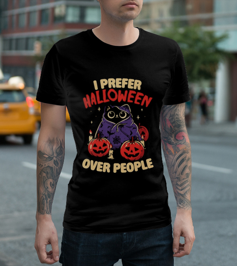I Prefer Halloween Over People Black Cat Pumpkin Candles T-Shirt