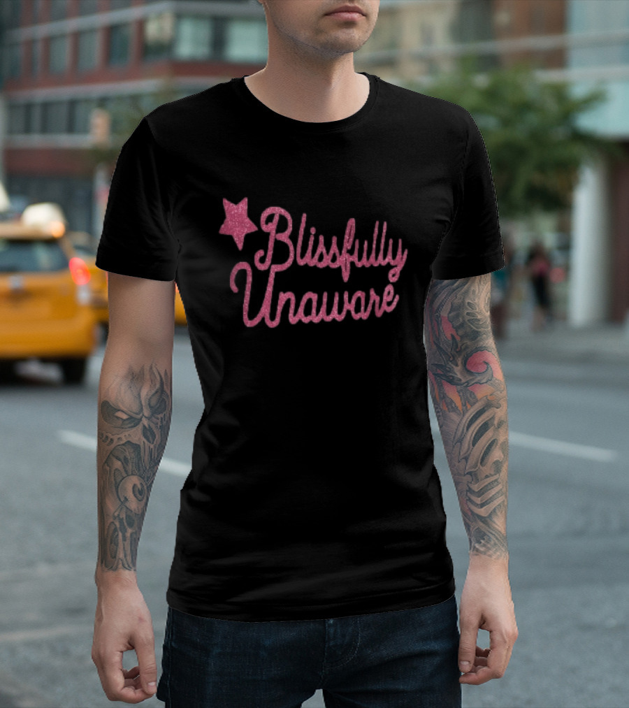 Blissfully Unaware Pink Glitter Cursive With Sparkle Star T-Shirt