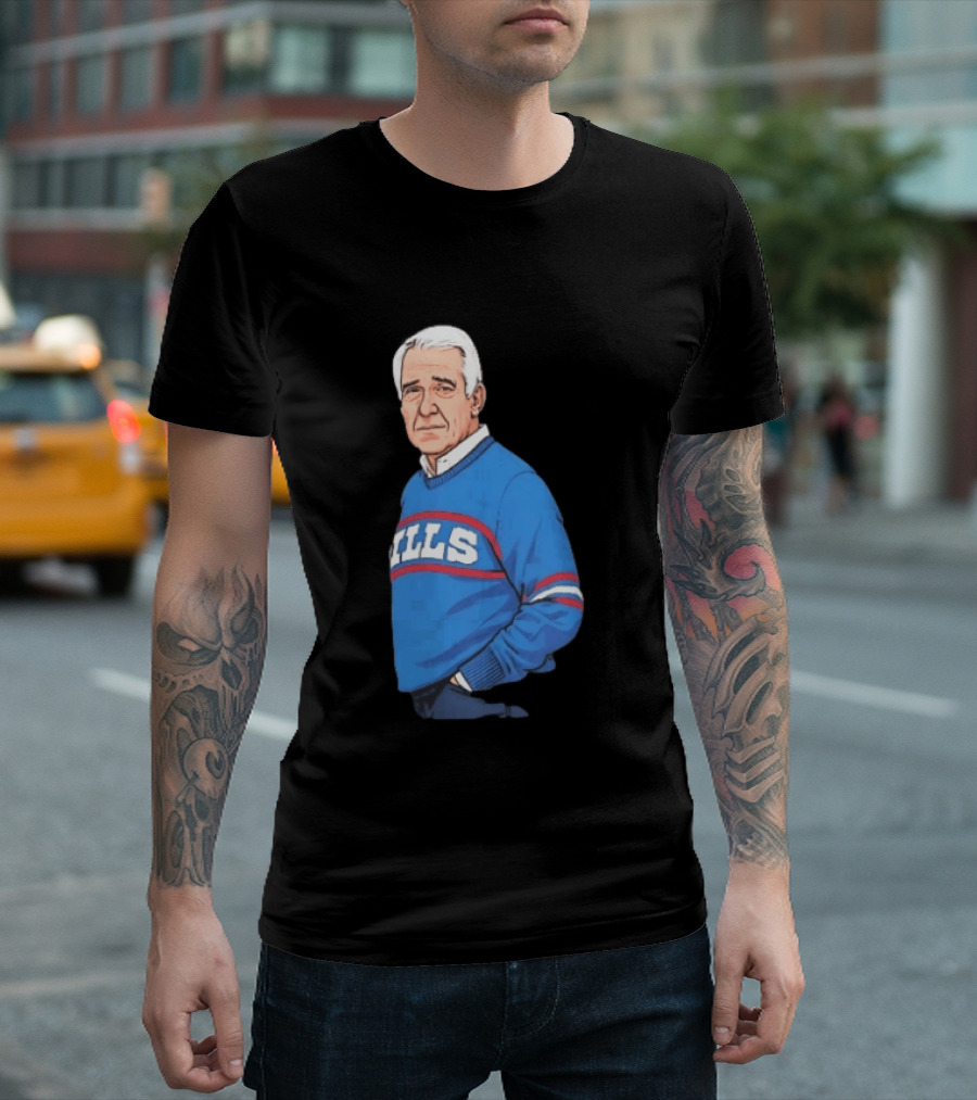 Buffalo Bills Coach Marv Levy Caricature In Blue Sweater With Team Name T-Shirt