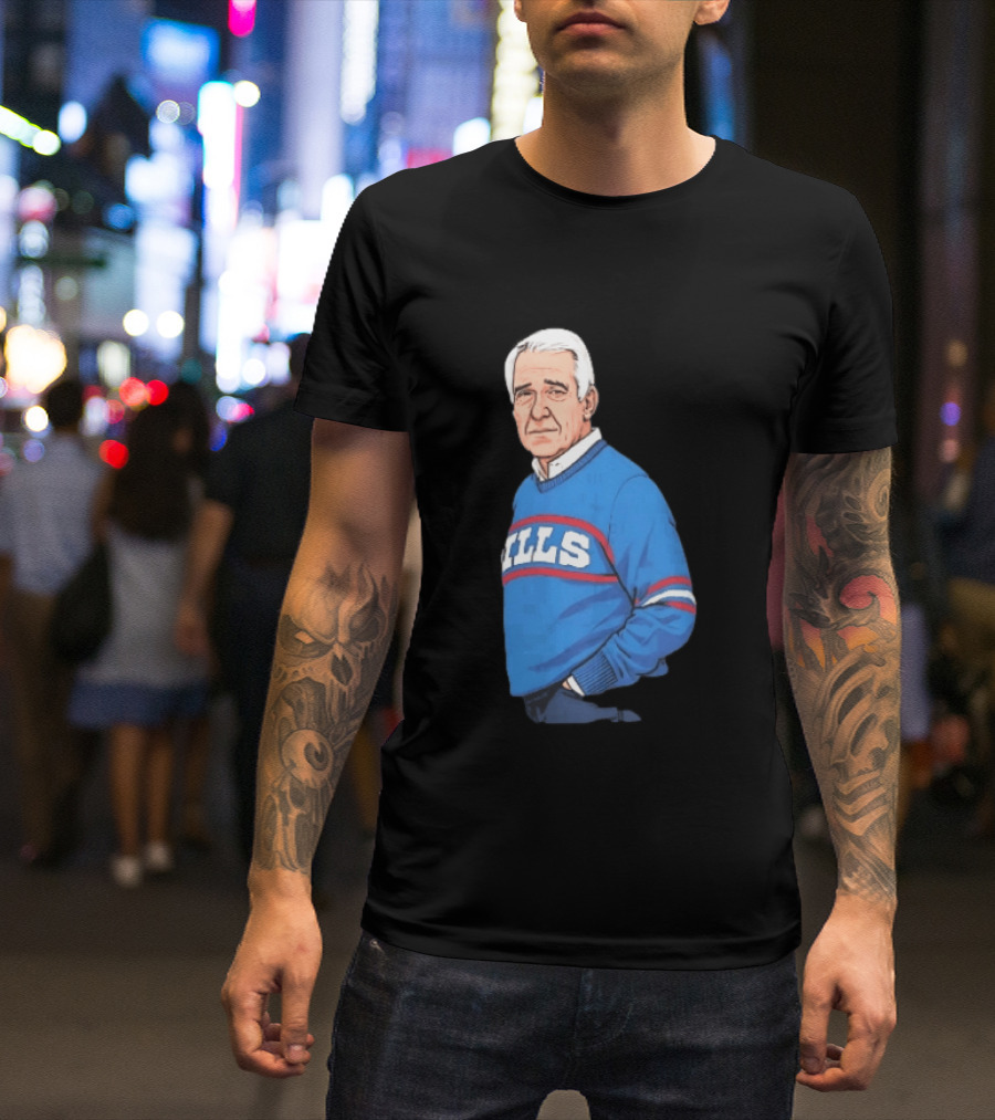 Buffalo Bills Coach Marv Levy Caricature In Blue Sweater With Team Name T-Shirt