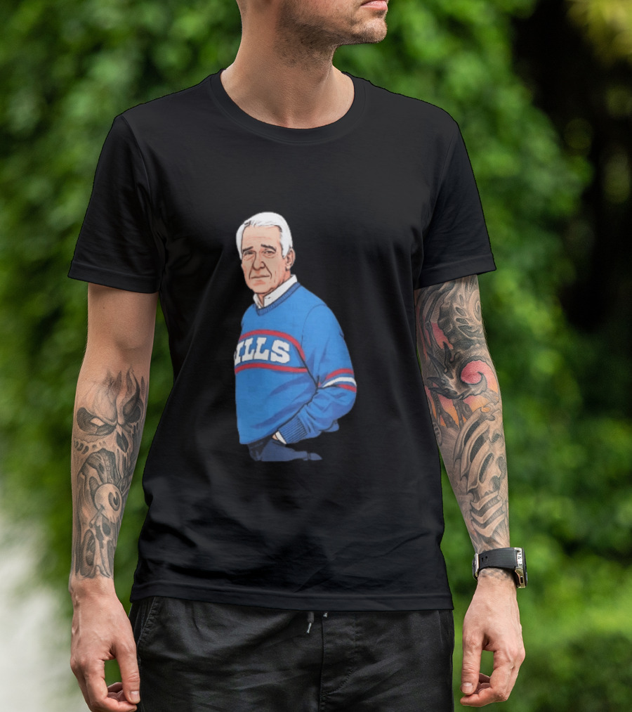 Buffalo Bills Coach Marv Levy Caricature In Blue Sweater With Team Name T-Shirt
