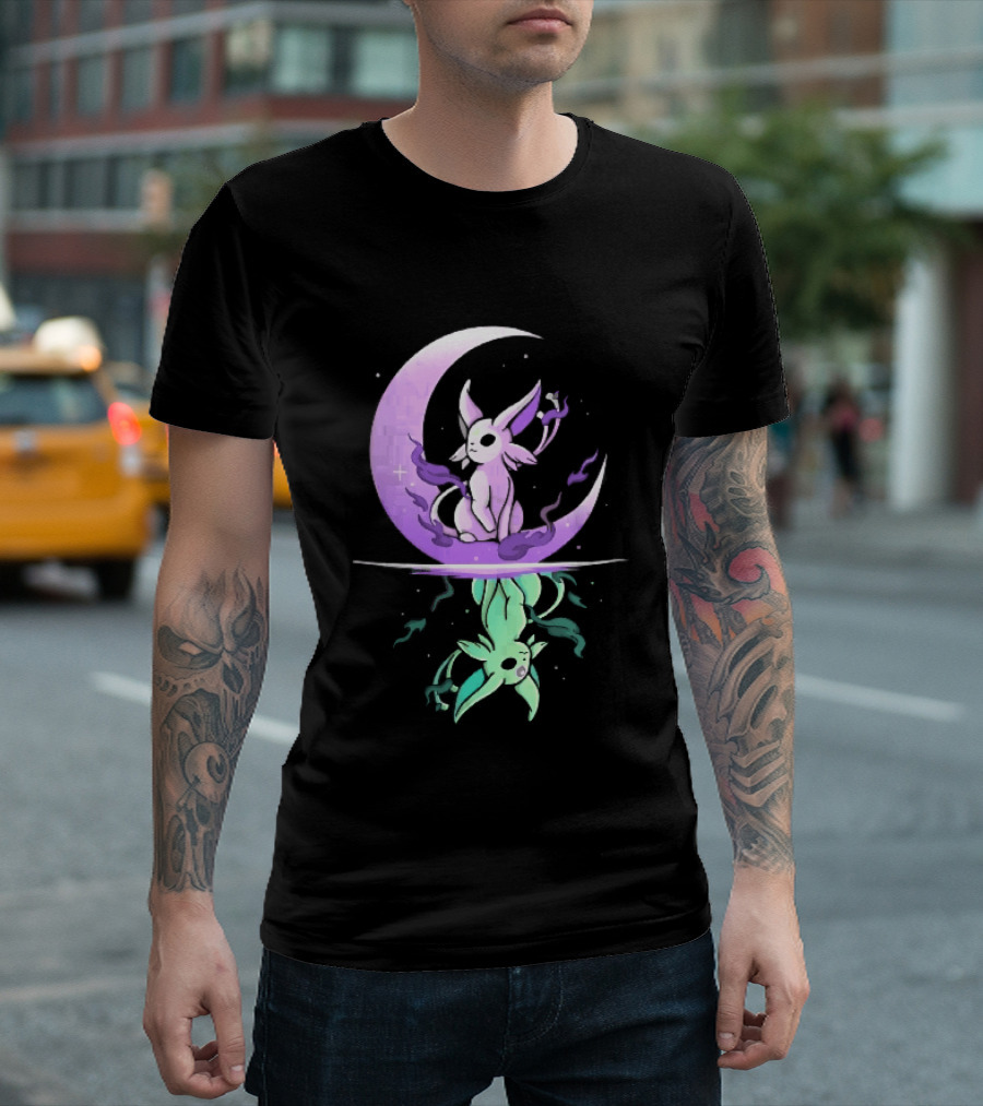 Cartoon Purple Espeon On Crescent Moon With Green Reflection T-Shirt