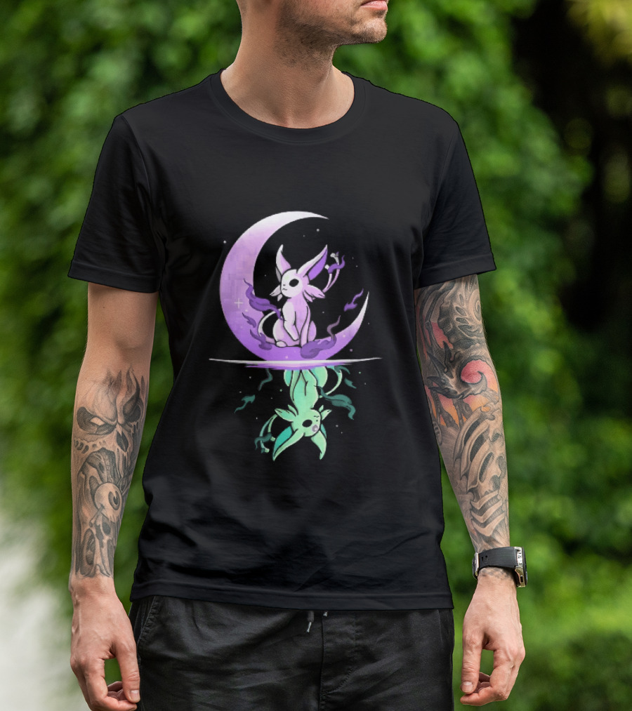 Cartoon Purple Espeon On Crescent Moon With Green Reflection T-Shirt