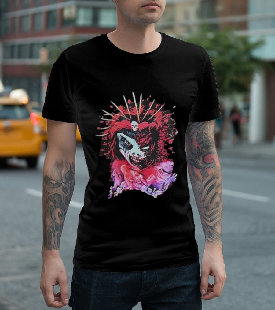 Demonic Japanese Geisha Skull Crown With Red Paint Splatter And Floral T-Shirt