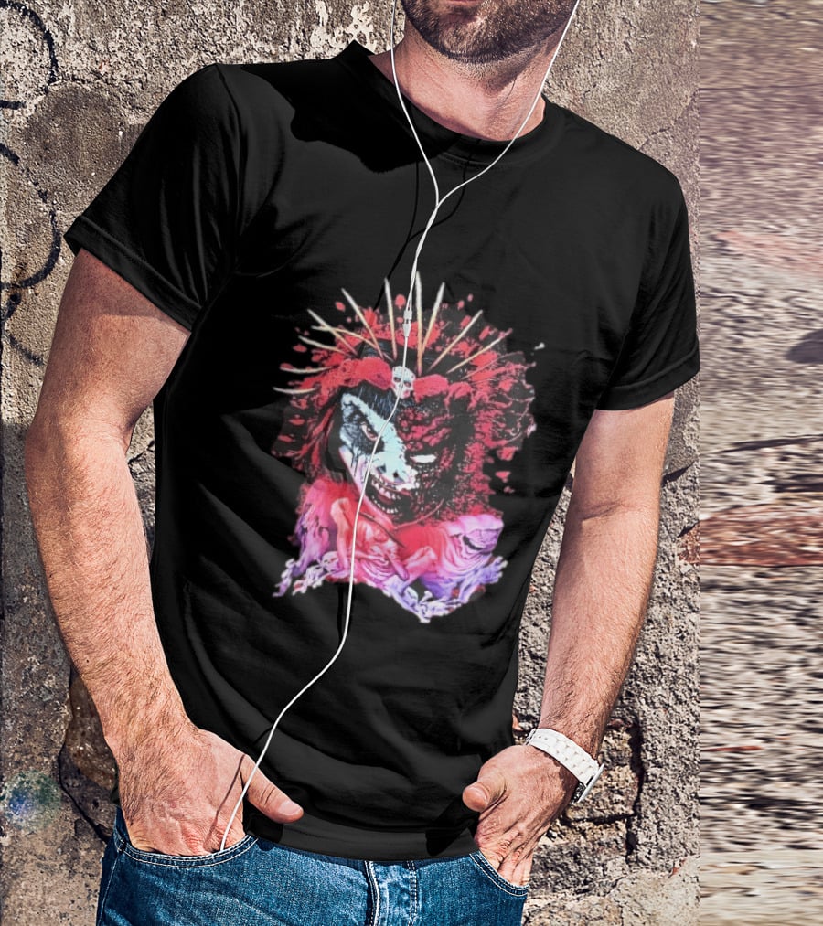 Demonic Japanese Geisha Skull Crown With Red Paint Splatter And Floral T-Shirt