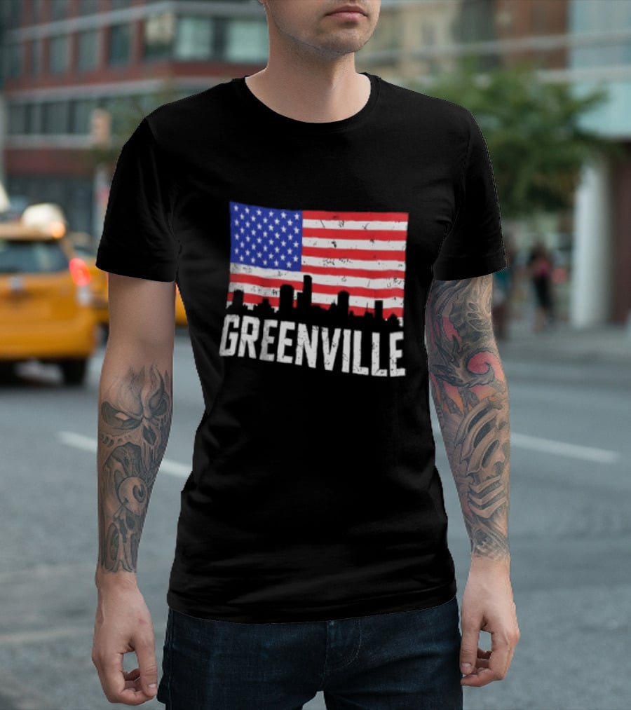 Greenville Skyline American Flag Cityscape T-Shirt