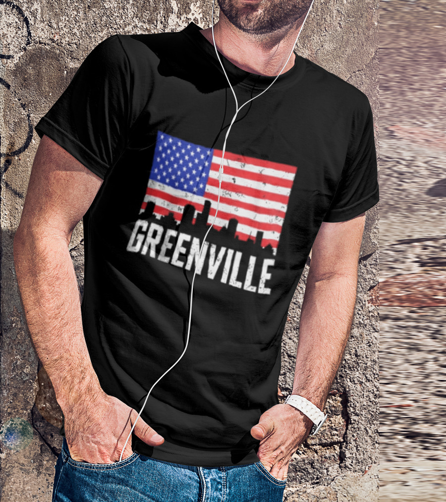 Greenville Skyline American Flag Cityscape T-Shirt