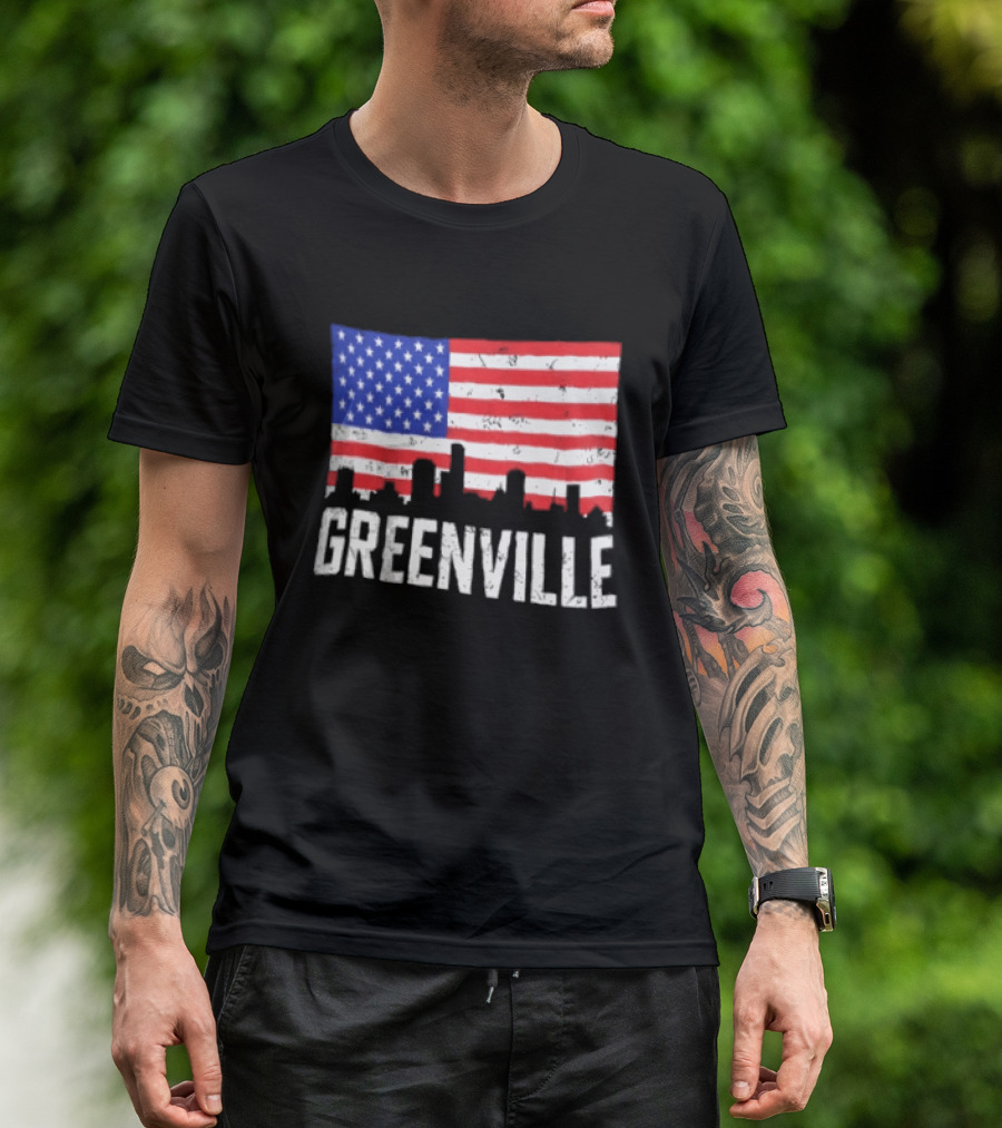 Greenville Skyline American Flag Cityscape T-Shirt