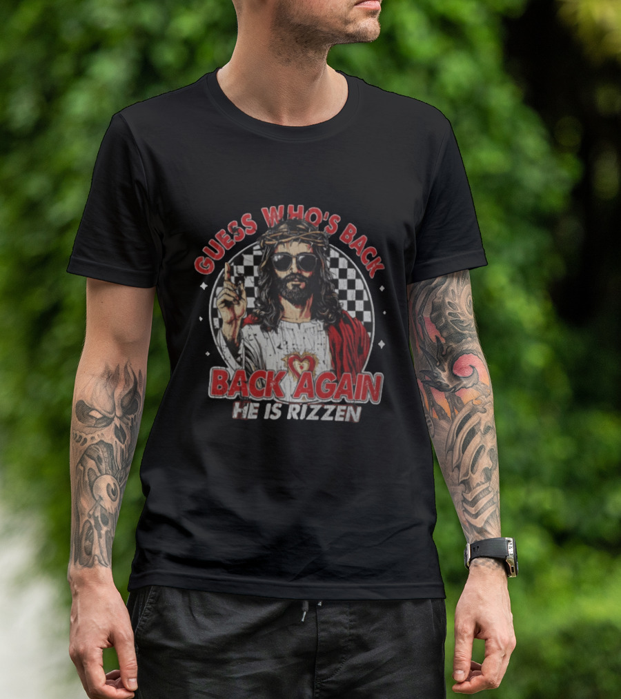 Guess Who's Back Back Again He Is Rizzen Jesus Retro Sunglasses And Red Cloak T-Shirt
