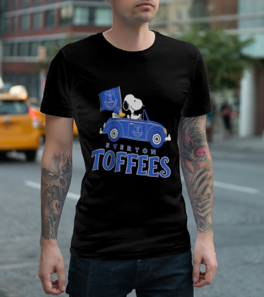 Everton Toffees Snoopy And Woodstock Driving With Flag T-Shirt