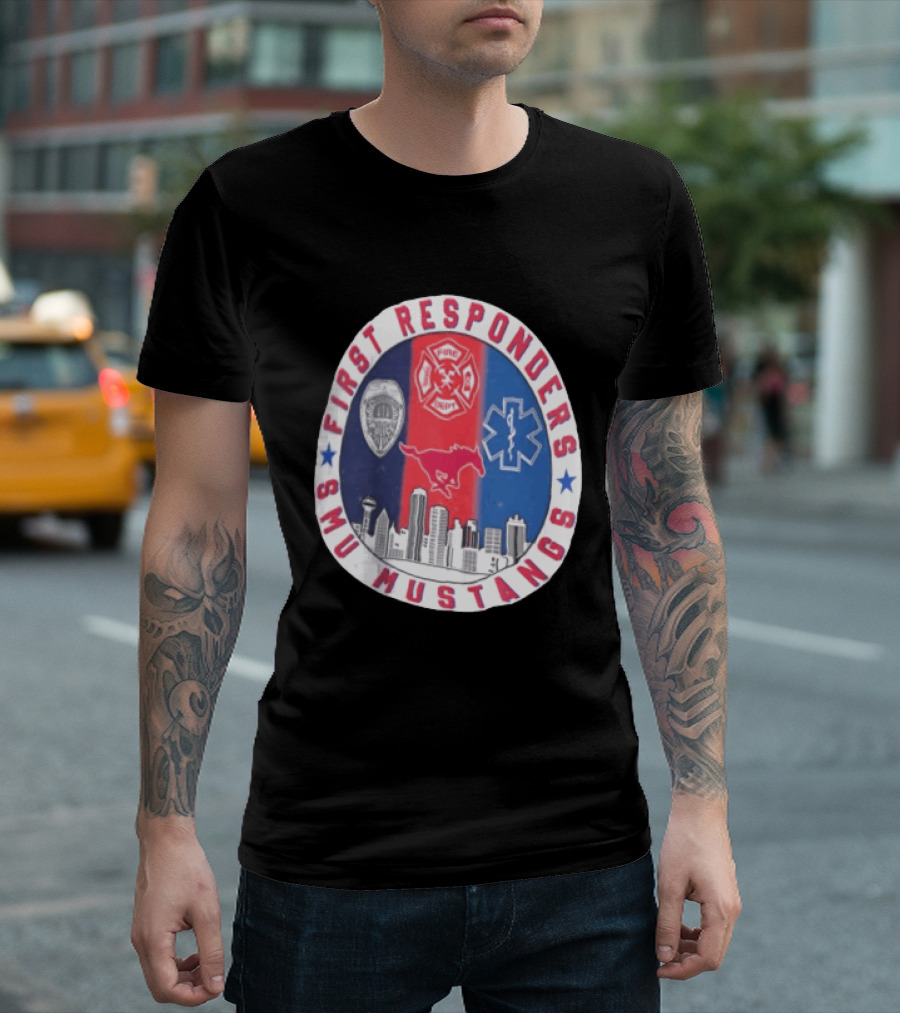 First Responders SMU Mustangs Emergency Services Tribute Skyline T-Shirt