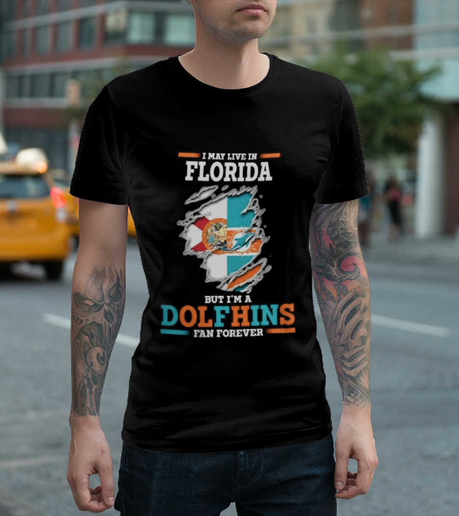 Miami Florida Dolphins Fan Forever Ripped Skin State Flag T-Shirt