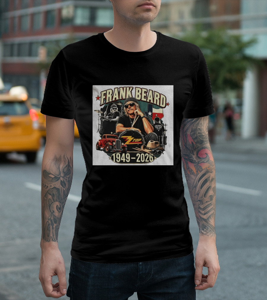Frank Beard ZZ Top Rock Texas Drummer 1949 2026 Vintage Car And Drumsticks T-Shirt