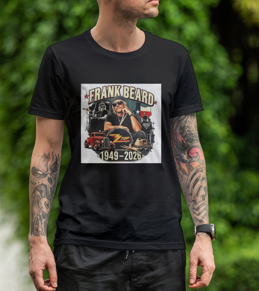 Frank Beard ZZ Top Rock Texas Drummer 1949 2026 Vintage Car And Drumsticks T-Shirt