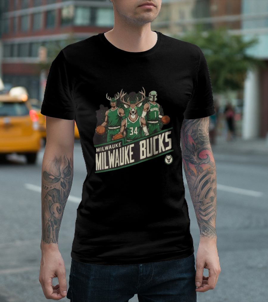 Milwaukee Bucks NBA Antler Helmet Buck Head Mandalorian Basketball Players T-Shirt