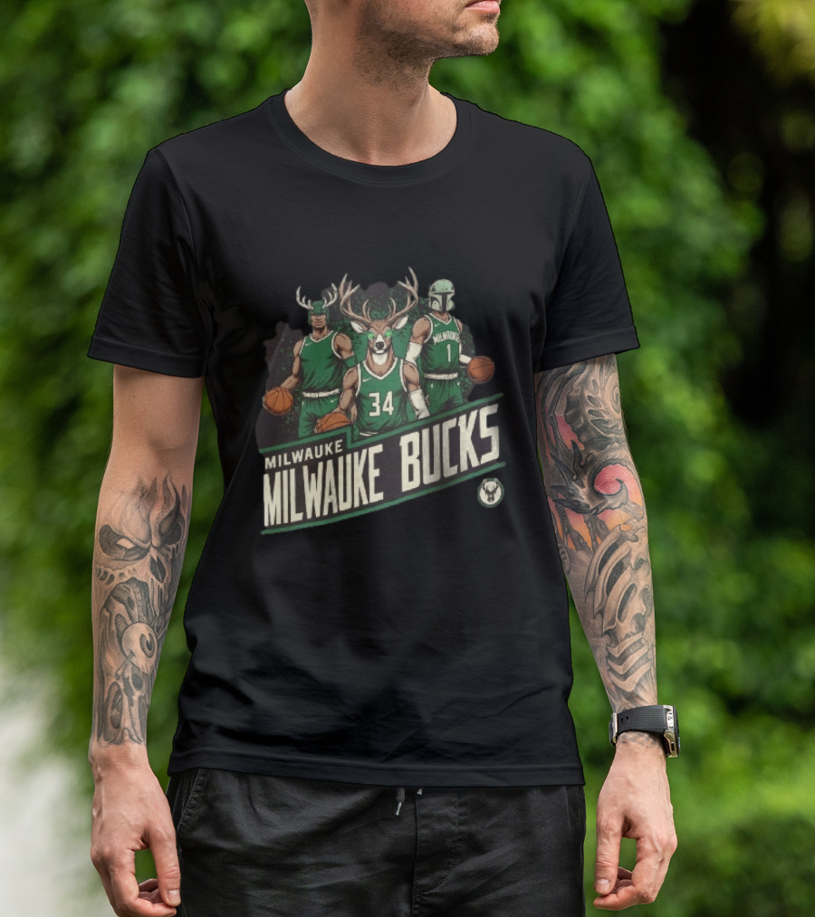 Milwaukee Bucks NBA Antler Helmet Buck Head Mandalorian Basketball Players T-Shirt