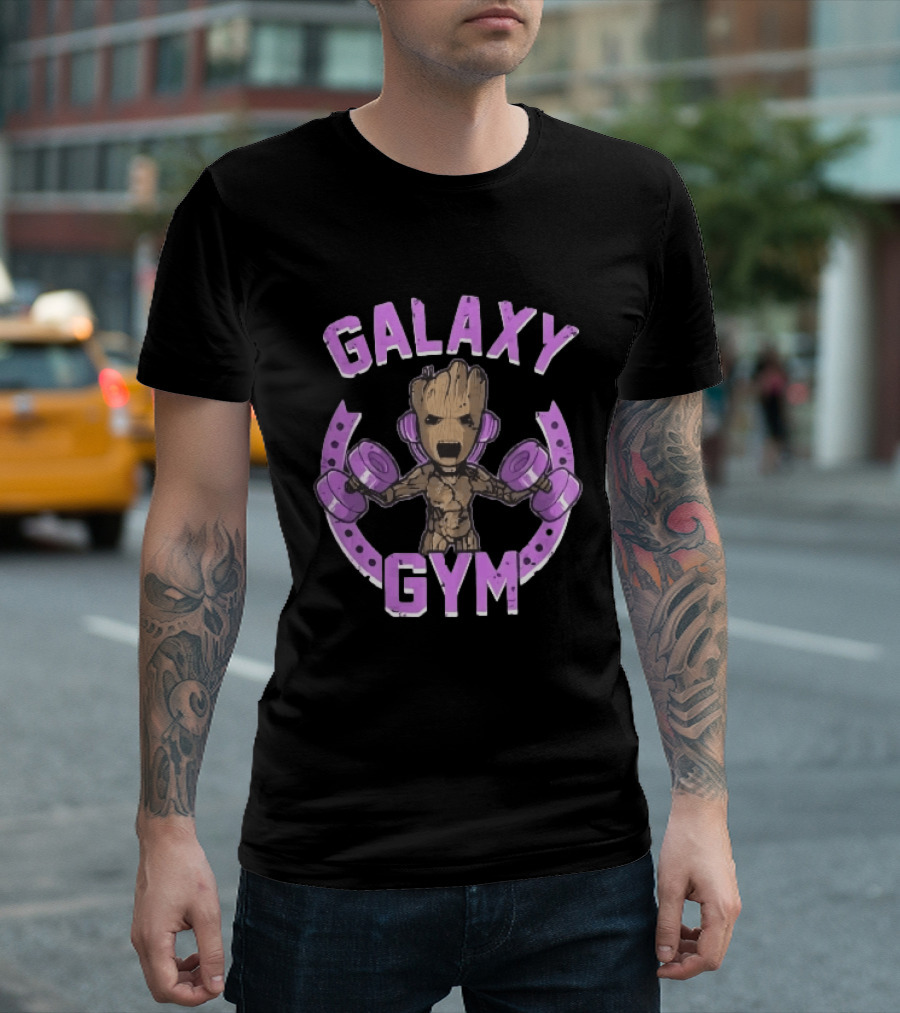 Galaxy Gym Cartoon Tree Lifting Dumbbells Headphones T-Shirt