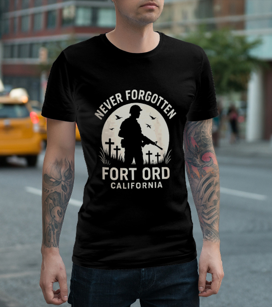 Never Forgotten Fort Ord California Soldier Moon Crosses Birds T-Shirt