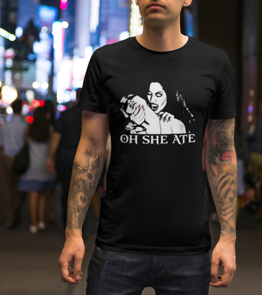 Oh She Ate Female Vampire Biting Neck Red Nails Stencil T-Shirt