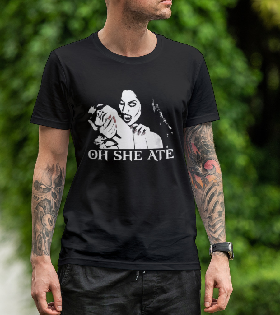 Oh She Ate Female Vampire Biting Neck Red Nails Stencil T-Shirt