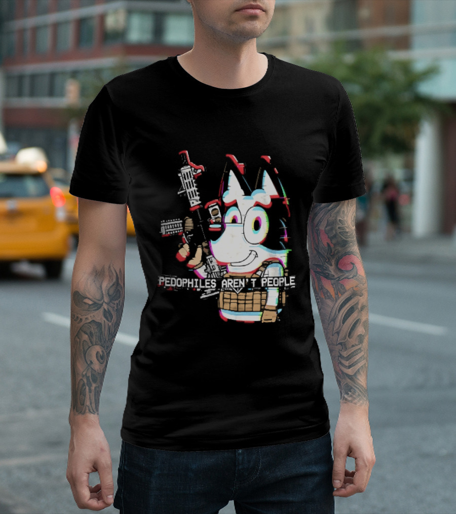 Pedophiles Aren't People Cartoon Dog Tactical Vest Assault Rifle Glitch Effect T-Shirt