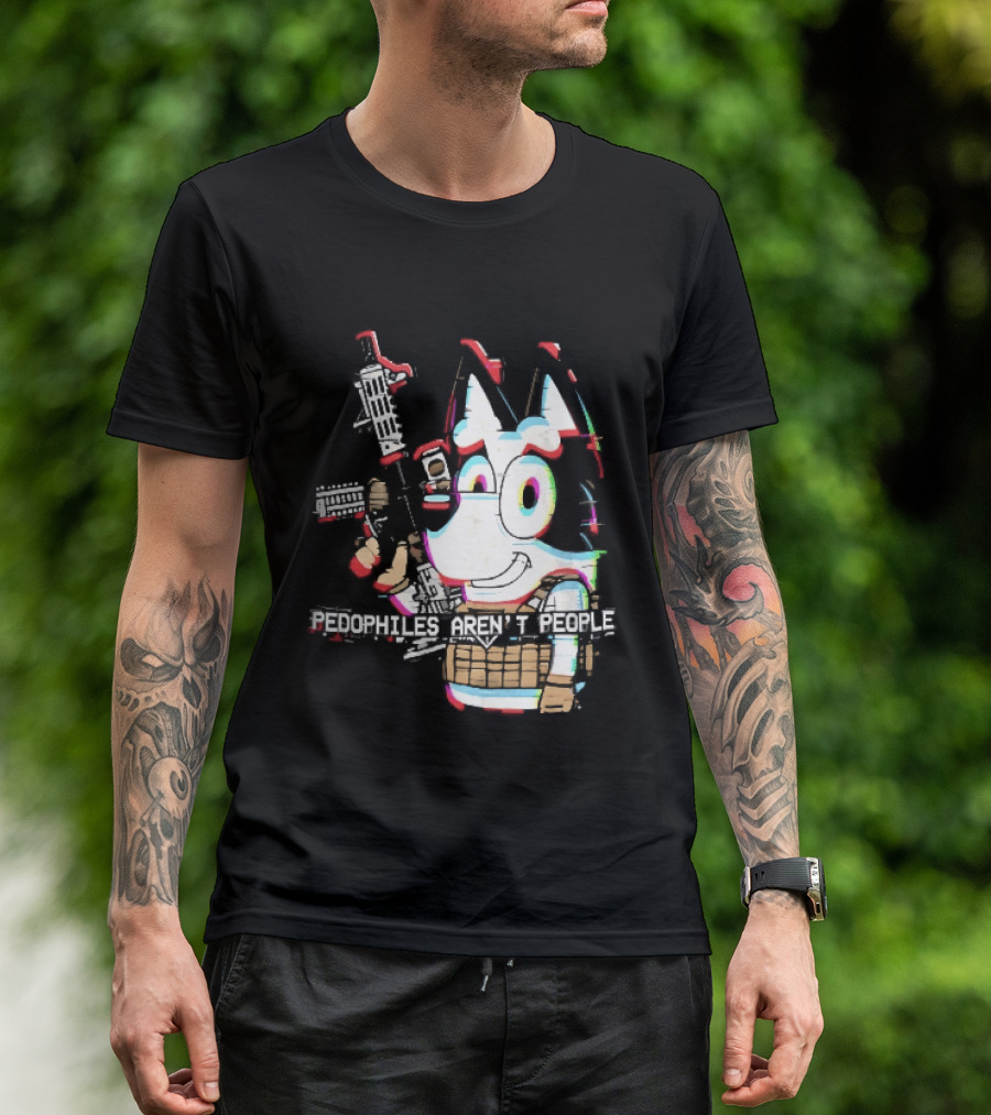 Pedophiles Aren't People Cartoon Dog Tactical Vest Assault Rifle Glitch Effect T-Shirt