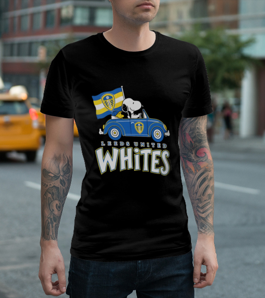 Leeds United Whites Snoopy Car Driving With Flag T-Shirt