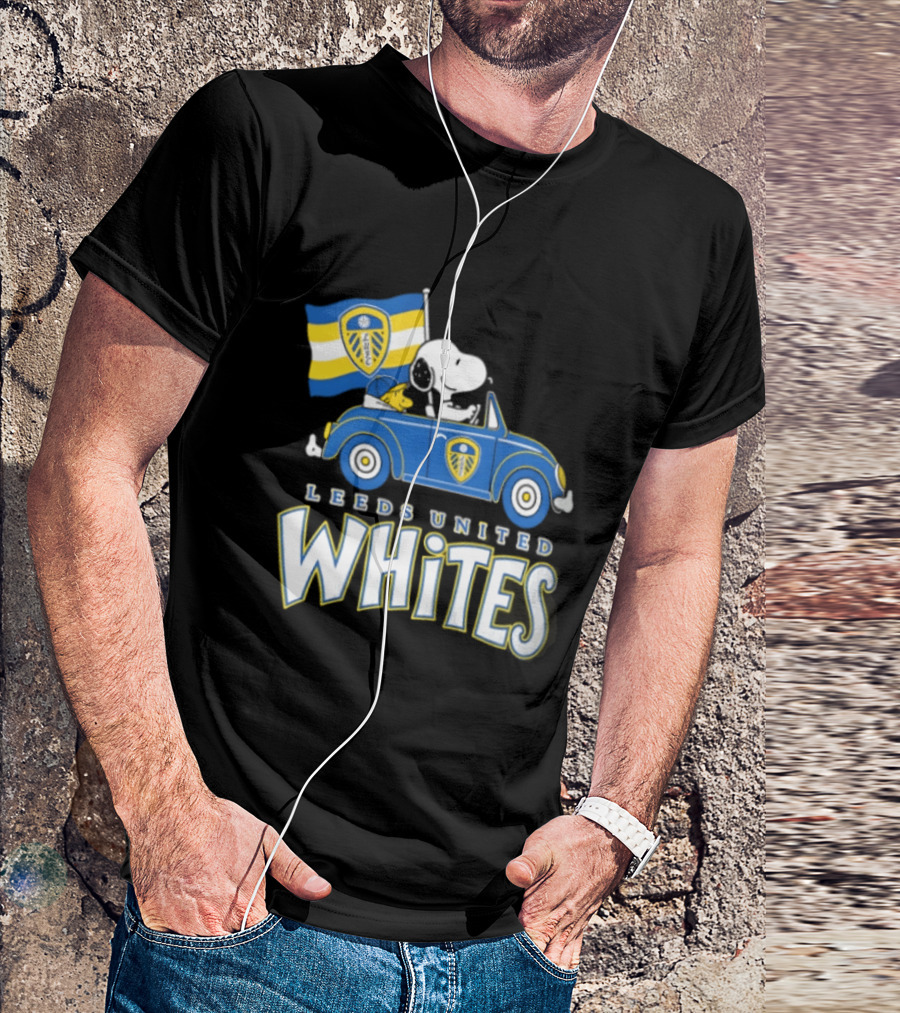 Leeds United Whites Snoopy Car Driving With Flag T-Shirt