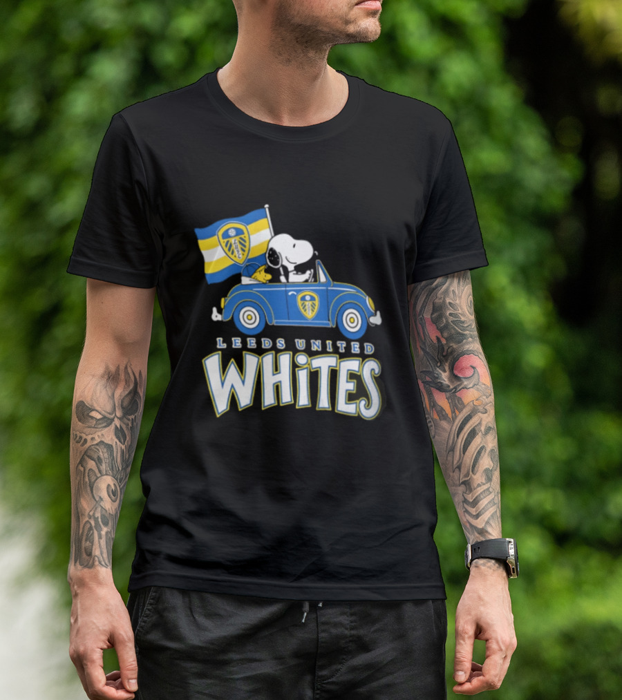 Leeds United Whites Snoopy Car Driving With Flag T-Shirt