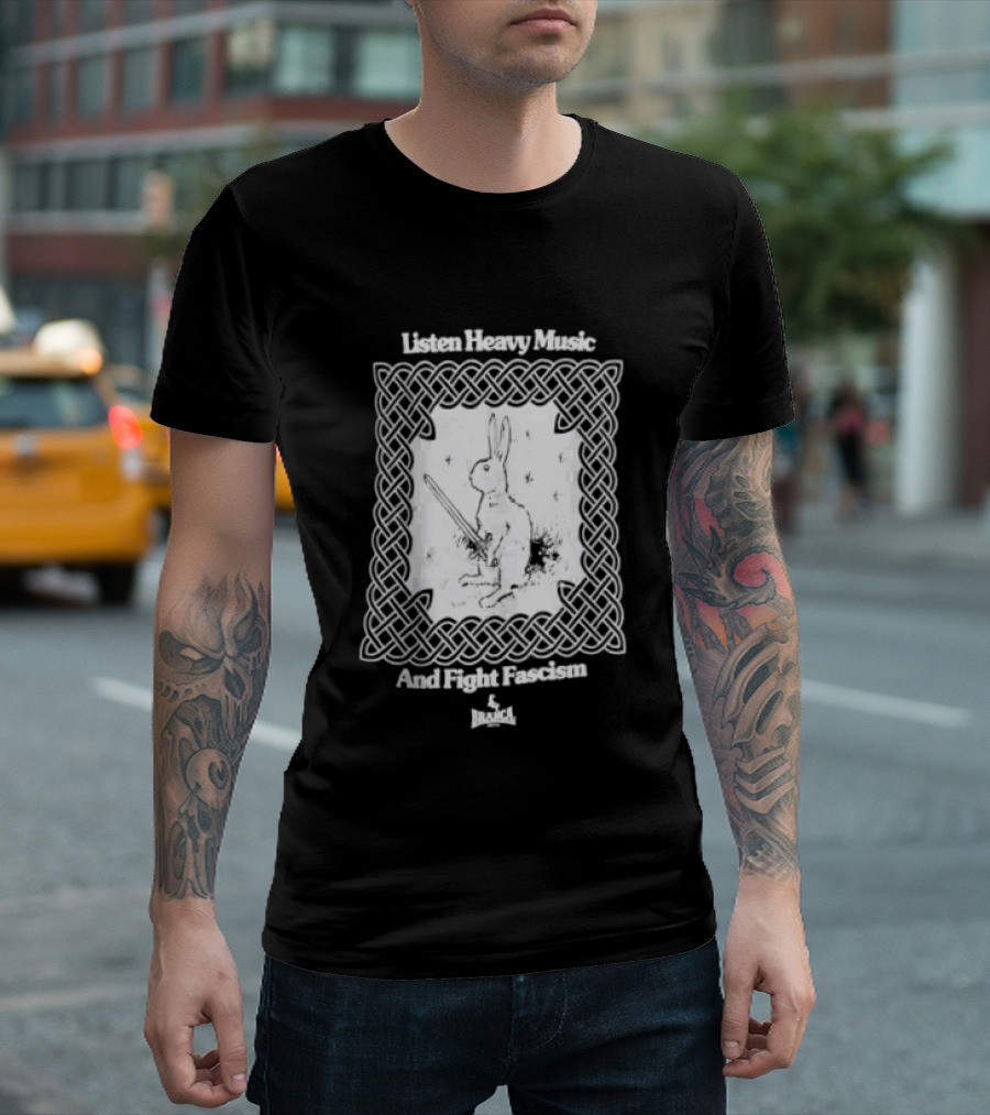 Listen Heavy Music And Fight Fascism Bunny With Sword Celtic Knot Frame T-Shirt