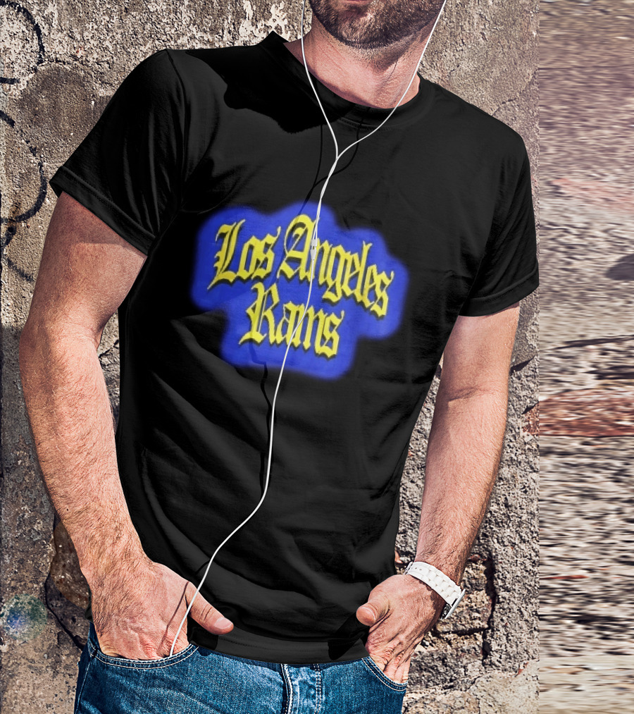Los Angeles Rams Yellow Gothic Letters Blue Aura T-Shirt