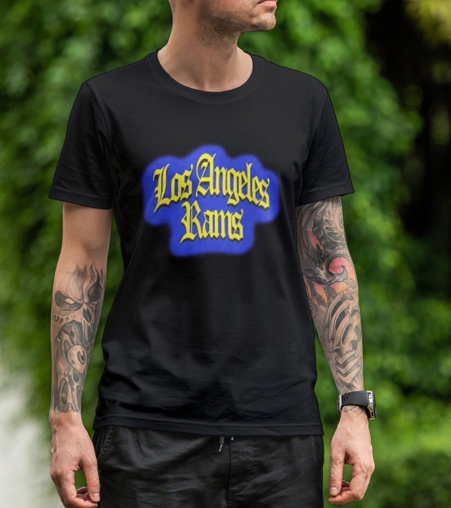 Los Angeles Rams Yellow Gothic Letters Blue Aura T-Shirt