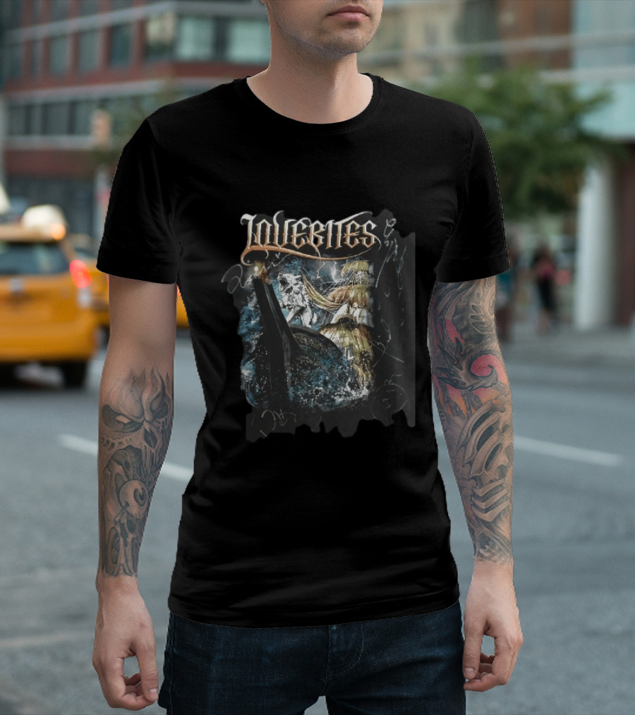 Lovebites Howling White Wolf Ship Amidst Ocean Storm And Lightning Waves T-Shirt