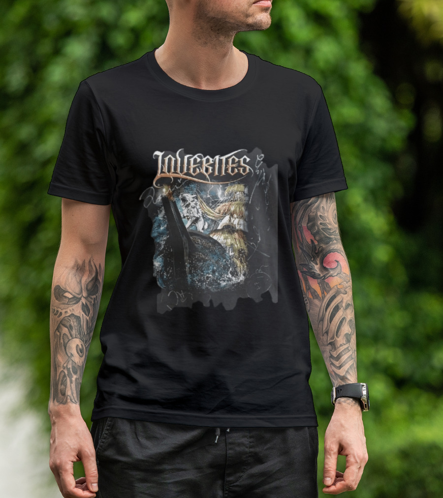 Lovebites Howling White Wolf Ship Amidst Ocean Storm And Lightning Waves T-Shirt