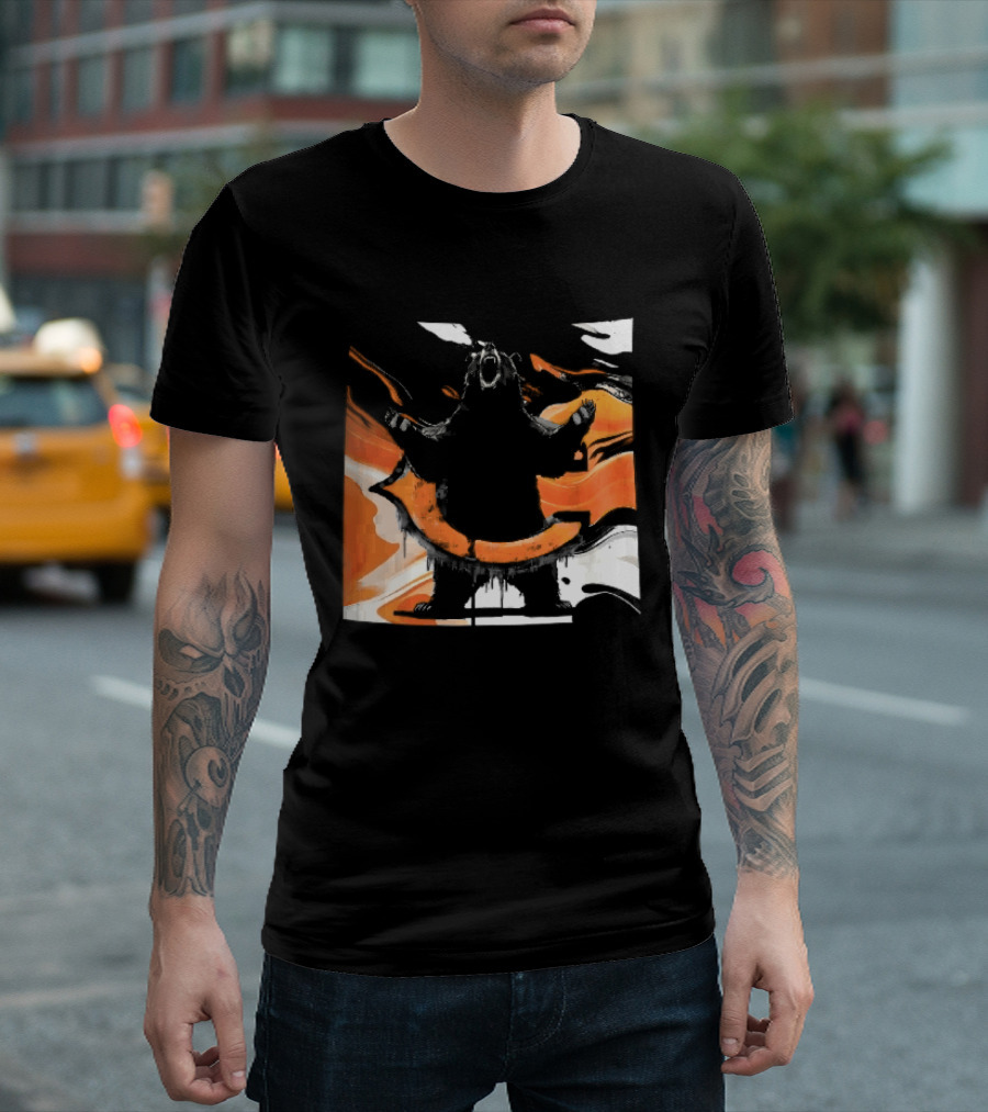 Roaring Black Bear Orange Liquid Swirls Dripping Banner T-Shirt