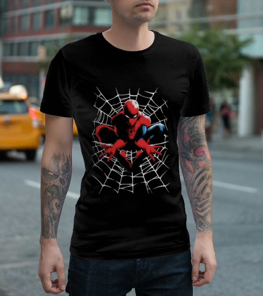 Marvel Spider Man Crouching Red Blue White Web Black T-Shirt