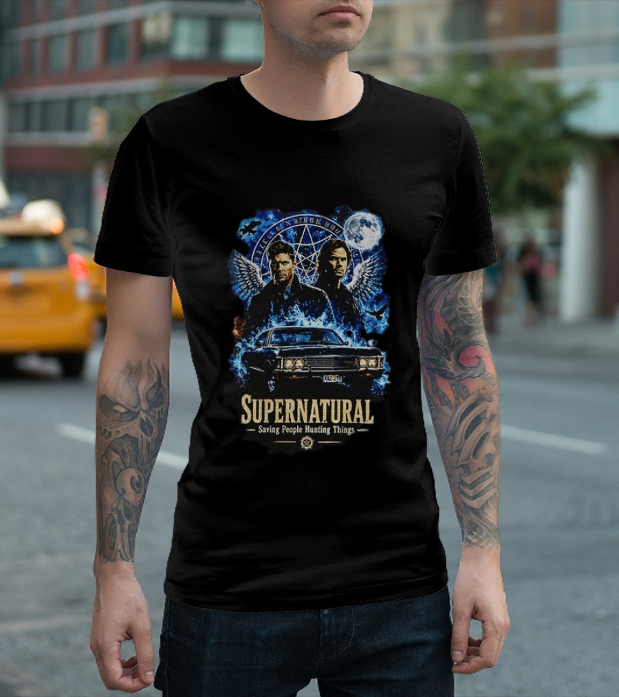 Supernatural Saving People Hunting Things Sam Dean Winchester Angelic Wings Moon Impala T-Shirt