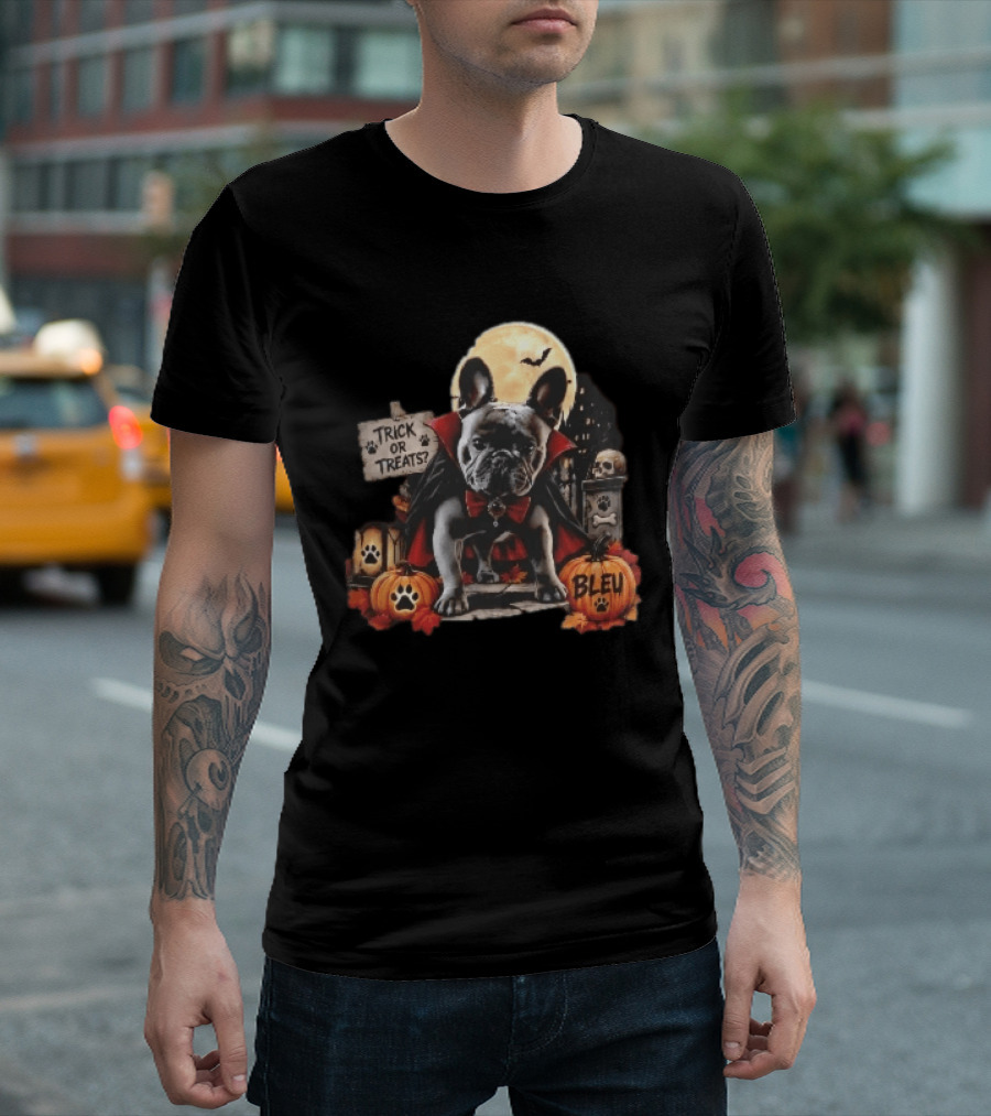 Trick Or Treats Bleu French Bulldog Vampire Cape Moon Pumpkins Halloween Scene T-Shirt