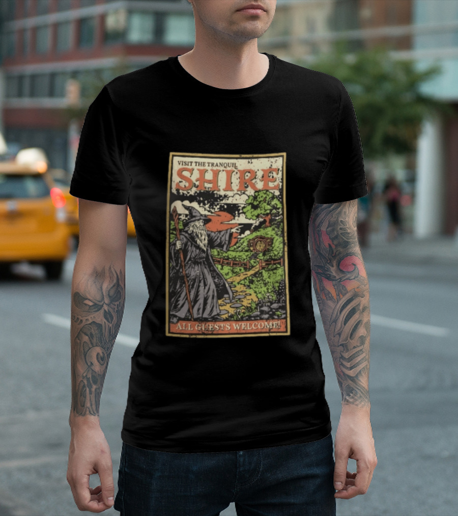 Visit The Tranquil Shire All Guests Welcome Gandalf Hobbit Hole Scene T-Shirt