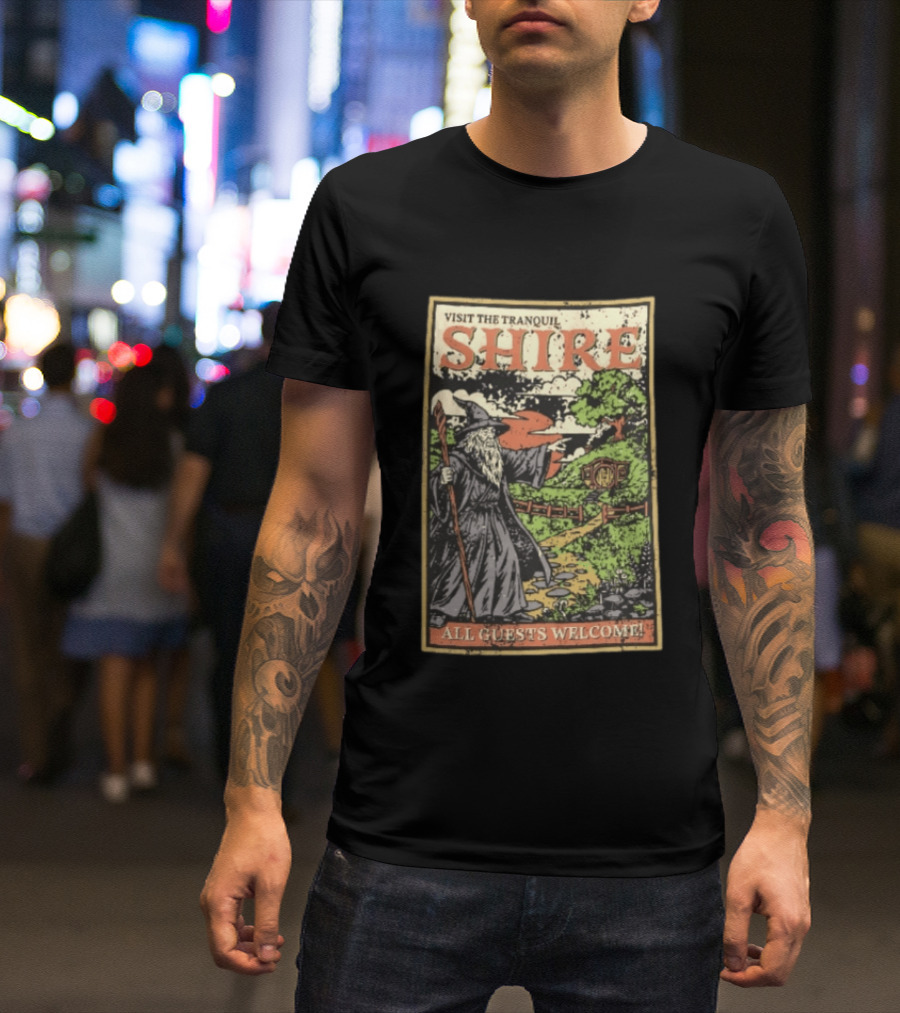 Visit The Tranquil Shire All Guests Welcome Gandalf Hobbit Hole Scene T-Shirt