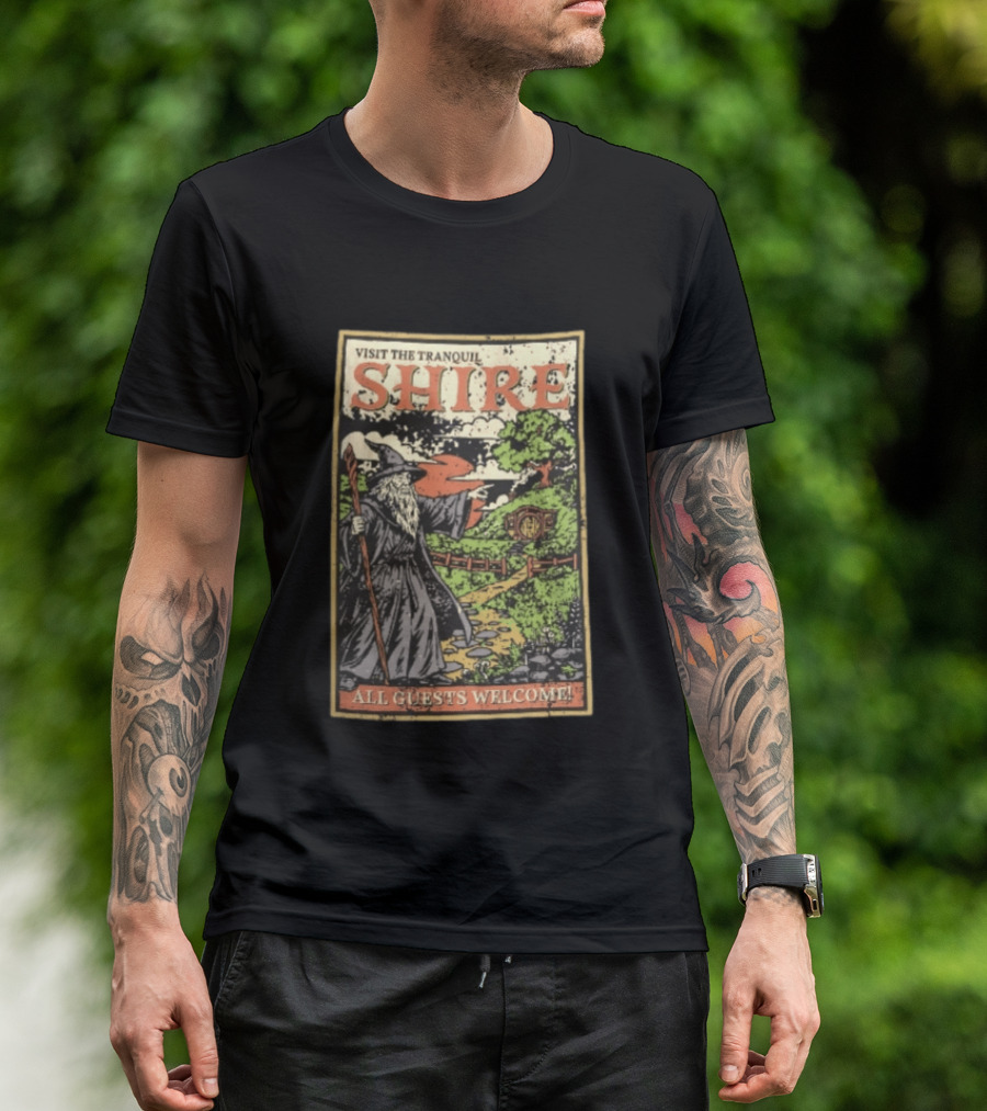Visit The Tranquil Shire All Guests Welcome Gandalf Hobbit Hole Scene T-Shirt