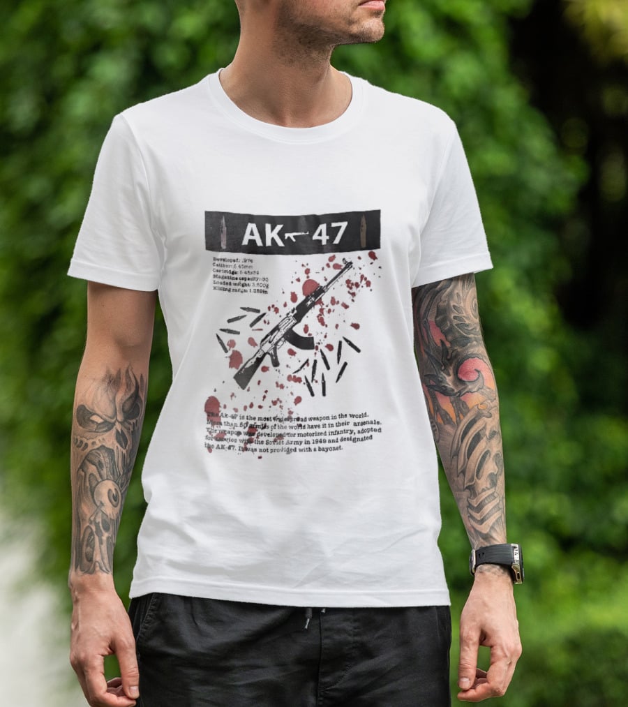 AK 47 1949 Rifle Sketch Red Blood Splatter Bullets Widespread Weapon Statistics T-Shirt