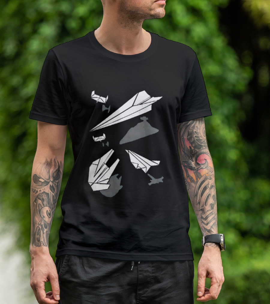 White Origami Paper Airplanes Star Wars Spaceship Shadow Illusions T-Shirt