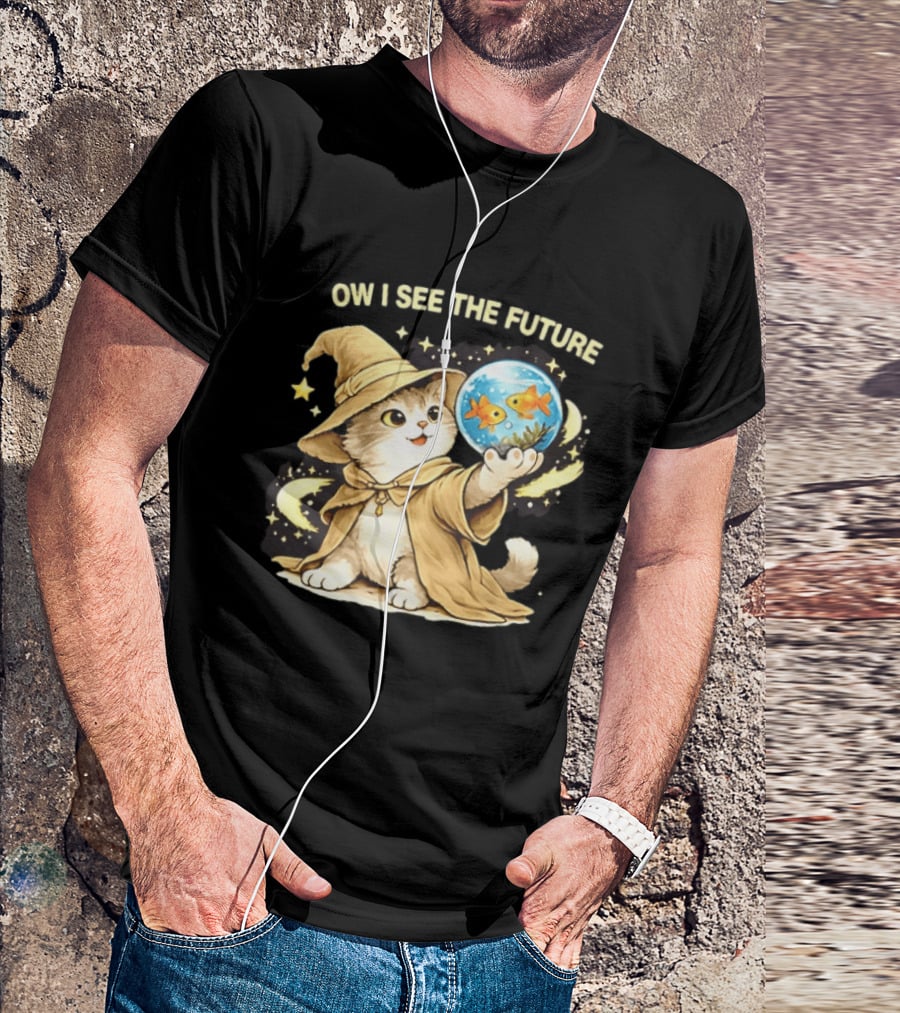 Wizard Cat Halloween Ow I See The Future Goldfish T-Shirt